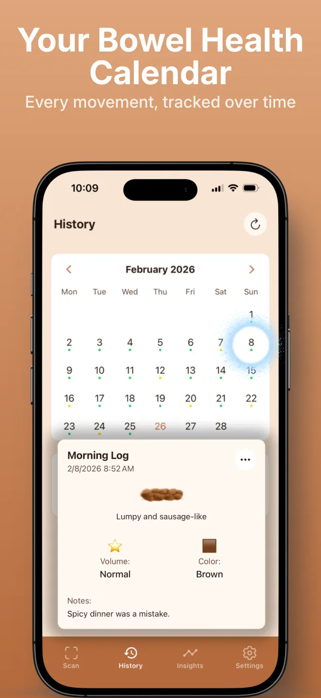 Color-coded bowel health calendar with history
