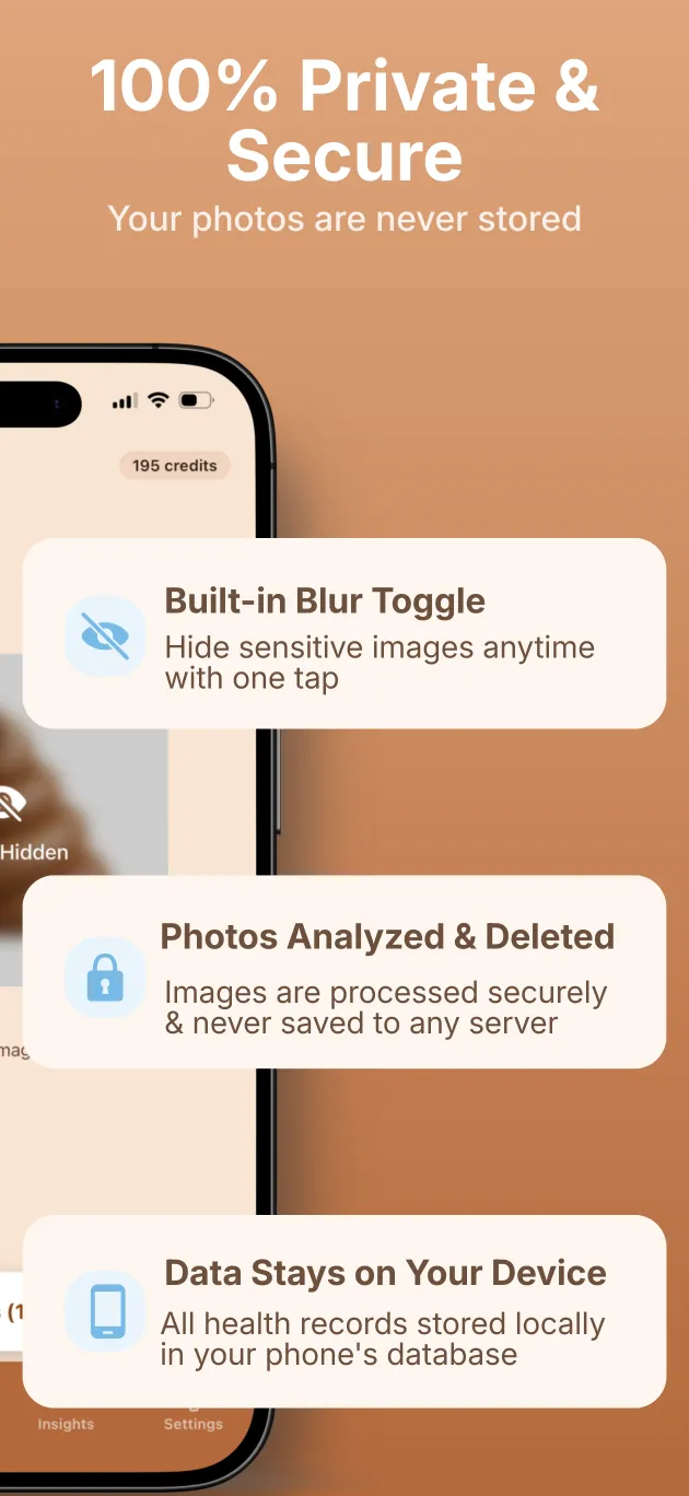 Privacy features: blur toggle and on-device storage