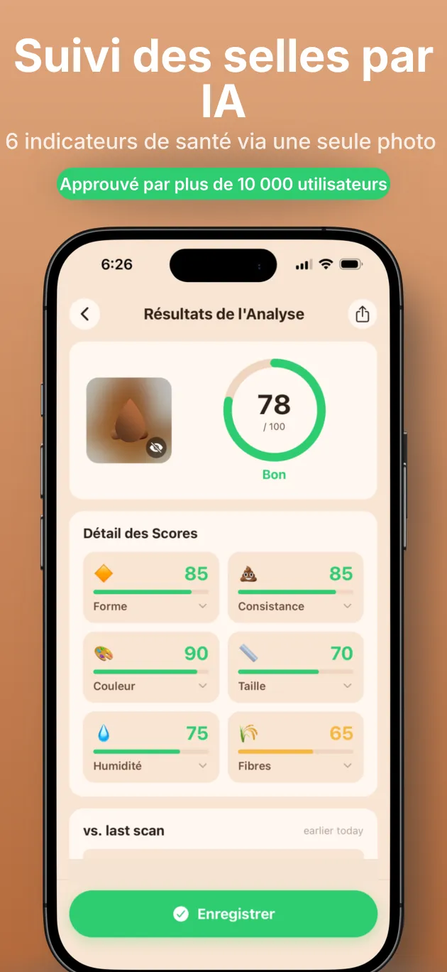 Application PooIQ affichant une analyse des selles par IA avec un score de santé intestinale