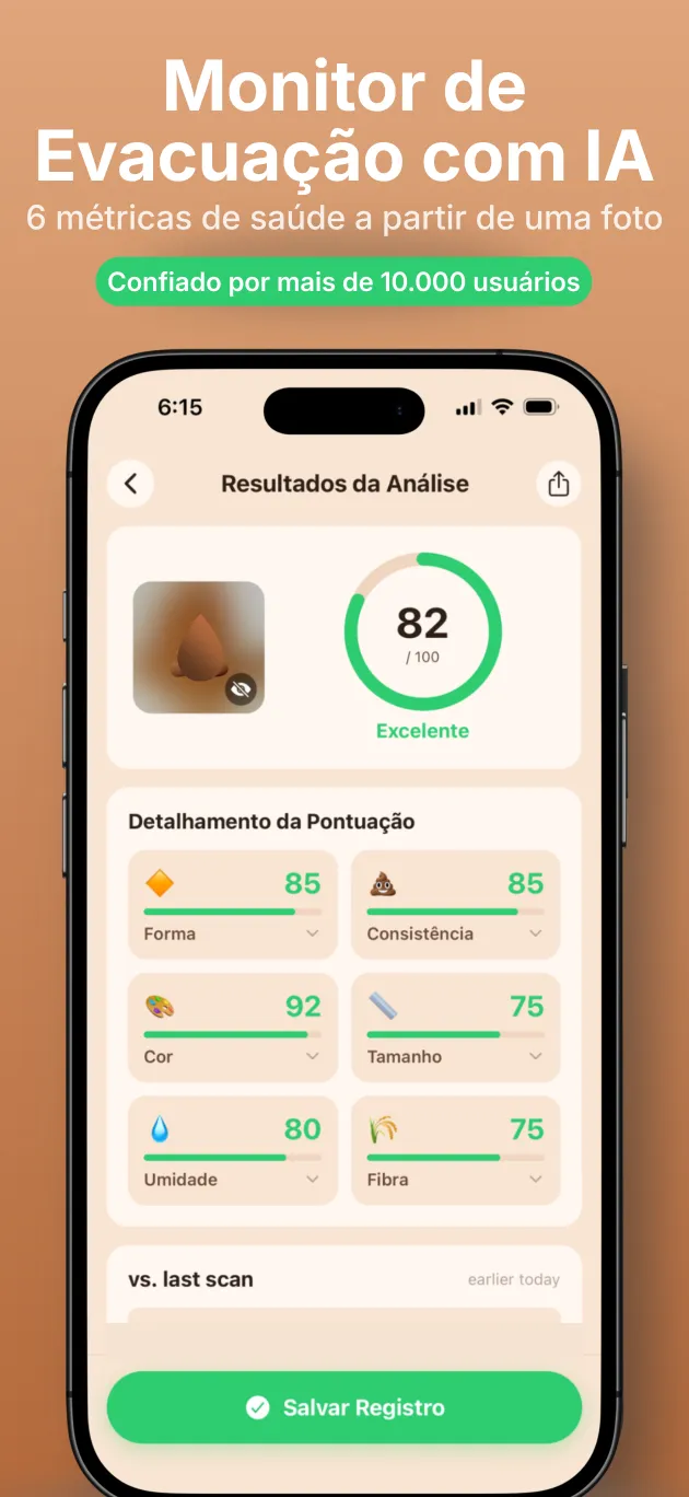 App PooIQ mostrando uma análise de fezes por IA com pontuação de saúde intestinal
